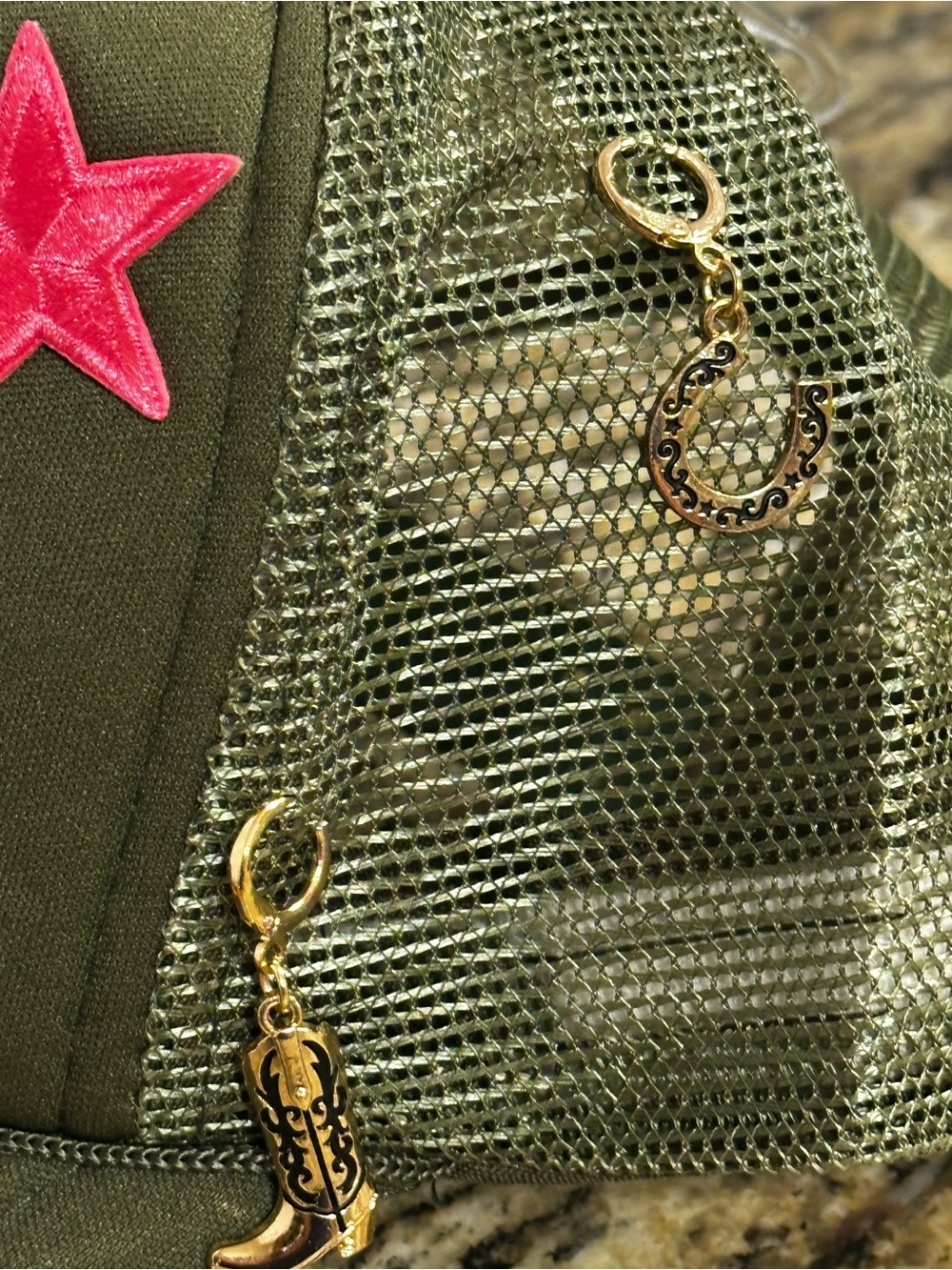 Long Live Cowgirls Olive Trucker Hat with Pink Stars and charms - Picture 6 of 8